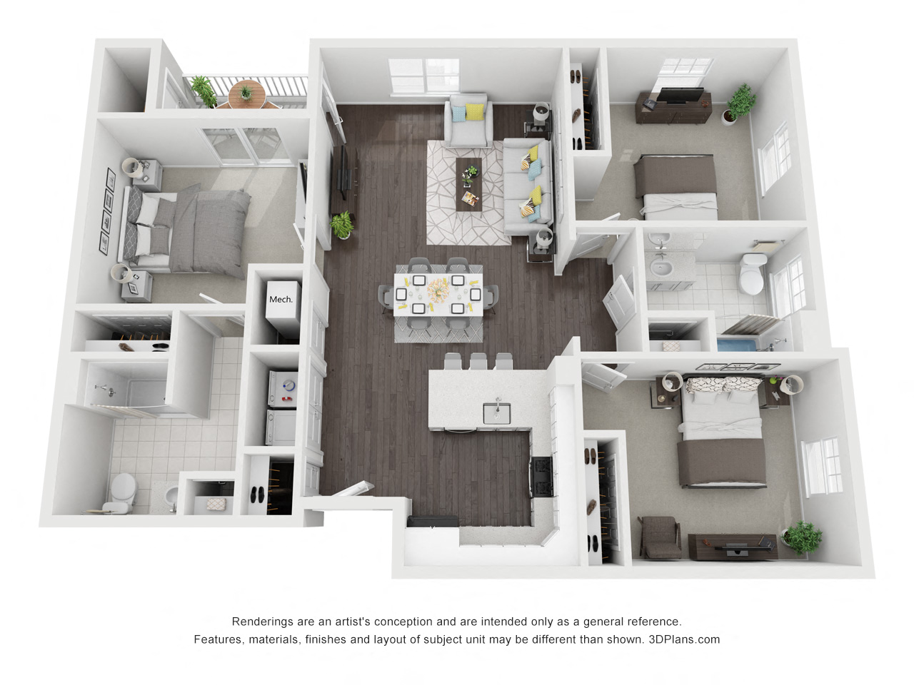Floor plan for 3 beds, 2 baths, 1360 sqft